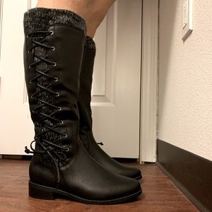 Brand New, Black (WW) Wide Calf, Criss-Cross Knee-High Boots
